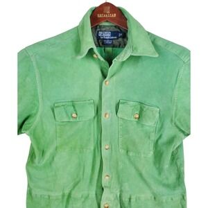 Vtg Polo Ralph Lauren Suede Leather Shirt Mens S Green Button SS Cargo Pockets